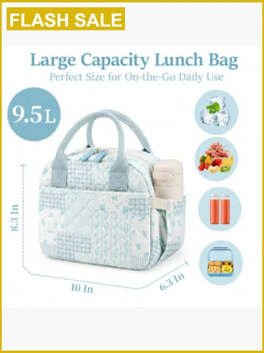 Quilted Insulated Lunch Tote for Women Floral Reusable Lunch Bag with Pockets